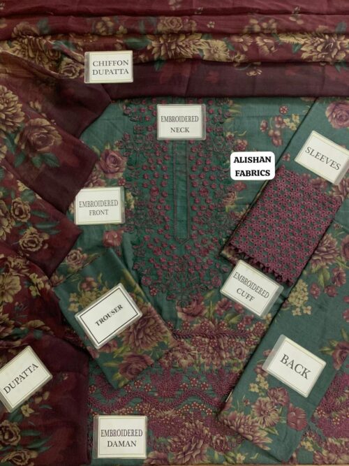 Premium Embroidered Lawn Dress  Chiffon Dupatta & Trousers - Image 3