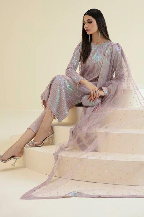 Semi Pure Chiffon Embroidered Dress with Heavy Sequence Work - Image 3