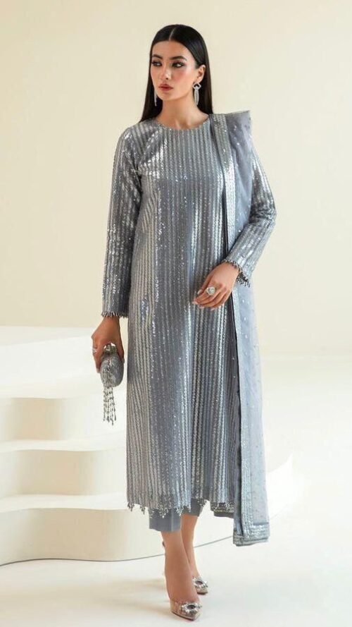 Semi Pure Chiffon Embroidered Dress with Heavy Sequence Work